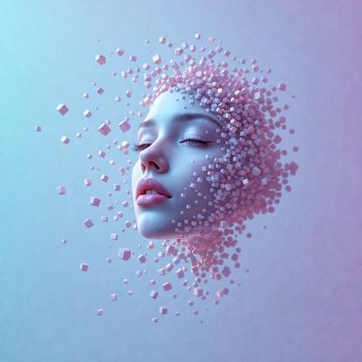 The primary subject of the image is a woman's face, which is the main focus of the image. The setting is a white background, and the visual style is digital art. The colors in the image are predominantly pink, which gives the image a warm and inviting atmosphere.